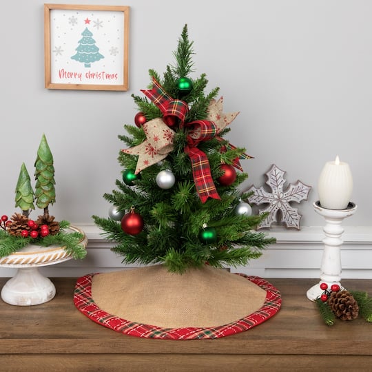 20" Burlap & Red Plaid Trim Mini Tree Skirt